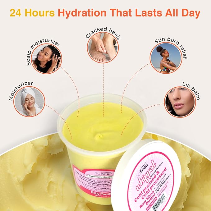 SoShea Whipped Shea Butter Baby Powder - Nourishes, Moisturizes & Renews | 100% African Pure Shea Butter | Cold-Pressed & Cold-Processed | No Dyes & Parabens | Vegan | 11.50oz / 326g