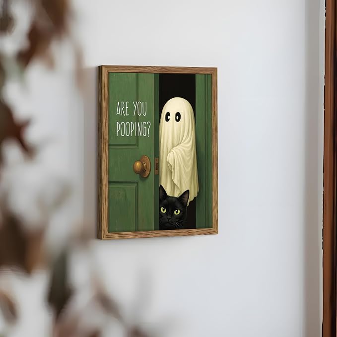 Funny Halloween Bathroom Wall Art, Vintage Cute Ghost Cat Canvas Wall Decor Paintings, Funny Are You Pooping Artwork Poster Print Picture for Bathroom Restroom 8x10 Inch Framed