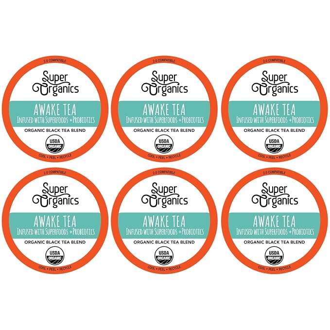 Super Organics Awake Black Tea Pods With Superfoods & Probiotics Keurig K-Cup Compatible Energy, Revitalizing, Refreshing Tea USDA Certified Organic, Vegan, Non-GMO, Natural & Delicious, 60ct