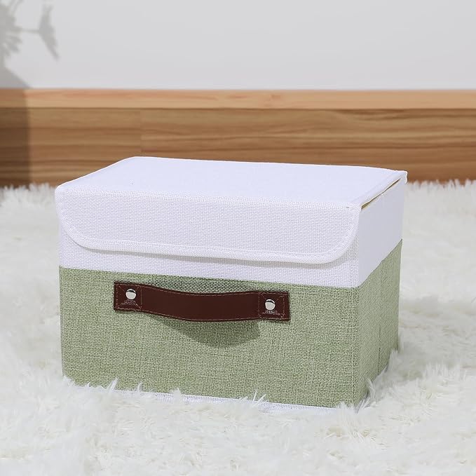 ANMINY Fabric Storage Box Bins with Lids, Green White, 13"x9"x7.9", 2 Pack | Keepsake Memory Storage, Cotton Linen, PP Board Reinforced, Washable, PU Handles, Foldable & Stackable, Decorative, Medium