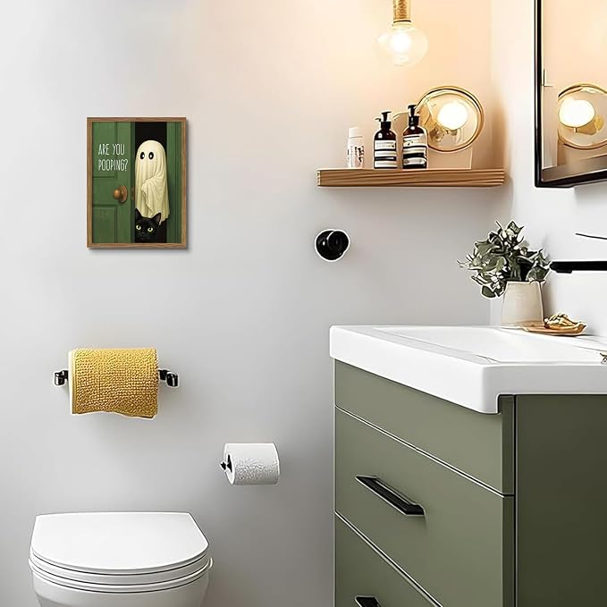 Funny Ghost Cat Halloween Bathroom Wall Art, Cute Ghost Bathroom Halloween Wall Decor Are You Pooping Picture, Vintage Framed Canvas Prints Funny Artwork for Restroom 12x16in Wood Frame
