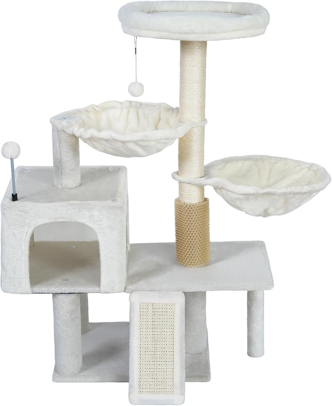 Smouatou Cat Tree with Cat Condo and Two Hammocks, Cat Tower with Scratching Posts and Scratching Pads Cat Toys, Beige