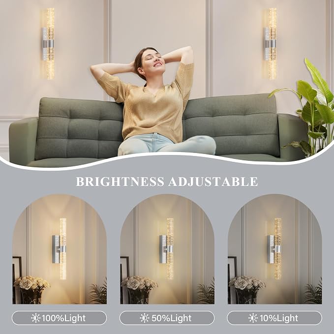 camuucci Battery Operated Wall Sconces Set of 2, Rechargeable Wall Lights | 12000mAh Long-Lasting Battery,Dimmable Cordless Sconce,No Wiring Needed for Bedroom,Living Room,Silver,15.3-Inch