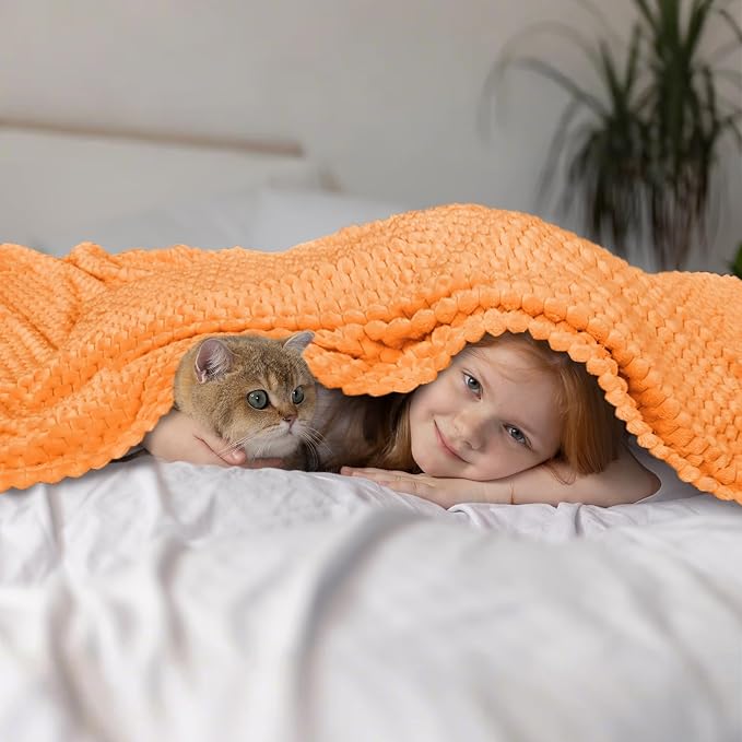 Vessia Flannel Fleece Throw Blanket, 3D Jacquard Light Orange Fuzzy and Warm Blanket for Couch,Sofa,Bed,Chair, 300GSM Soft Touch Cozy Throw for All-Season Home Decor(50x40inch)