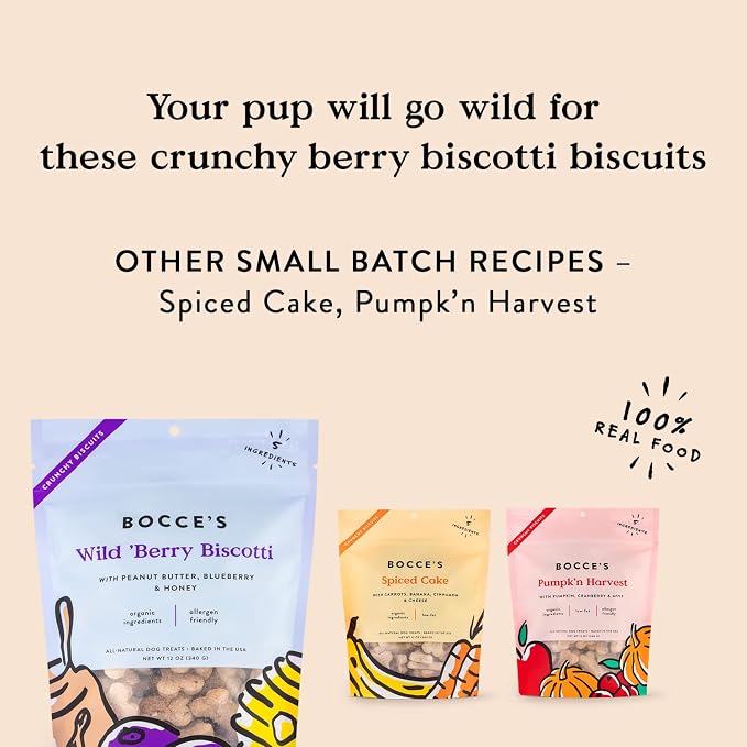 Bocce's Bakery Wild 'Berry Biscotti Crunchy Biscuits Dog Treats, 12 oz | Oven Baked, Wheat-Free Everyday Dog Treat Biscuits - Made with Real, Limited Ingredients and Baked in The USA