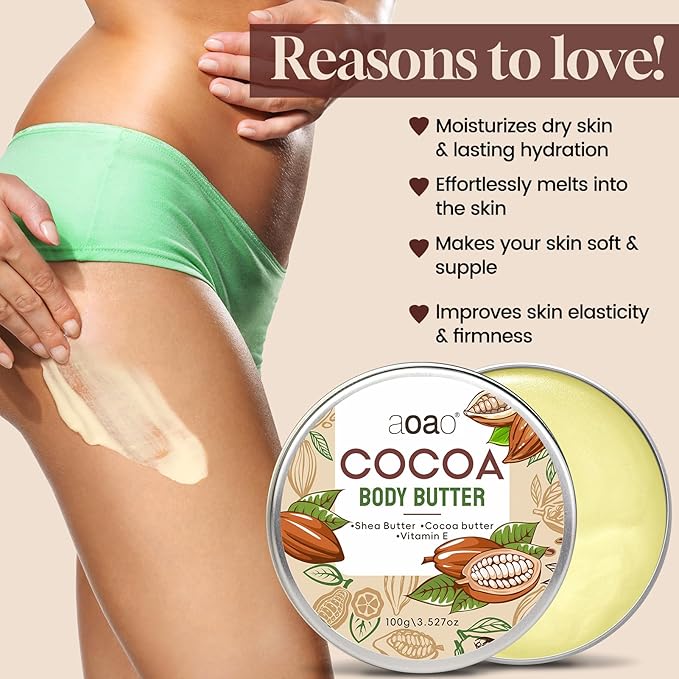 AOAO Cocoa Body Butter for Rough Flaky Skin, Shea Butter & Vitamin E Daily Moisturizer Absorbs Rapidly, Deep Hydrating Treatment, Provides Long-Lasting Nourishment for Silky Smooth Skin, 100g/3.5oz