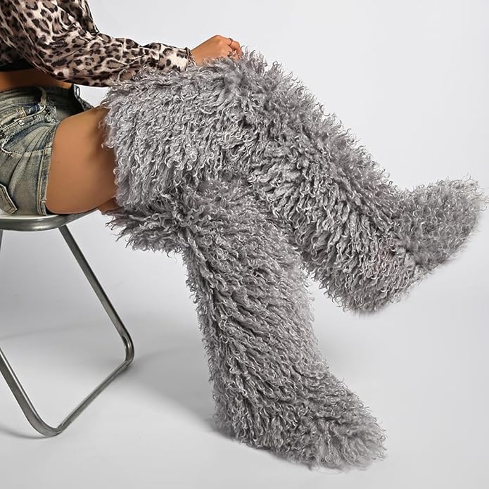 SWEETHEART BEAUTY Thigh High Shagy Teddy Fur Boots, 29 Inch Over the Knee Length Fluffy High Boots, Tall Furry Shoes For Women