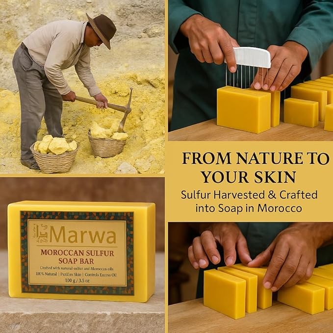 Moroccan Sulfur Soap Bar – Natural Handmade Cleanser for Clear, Balanced Skin & Blemish Control with Argan Oil and Shea Butter – Clarifying Face & Body Wash – 3.5 Oz