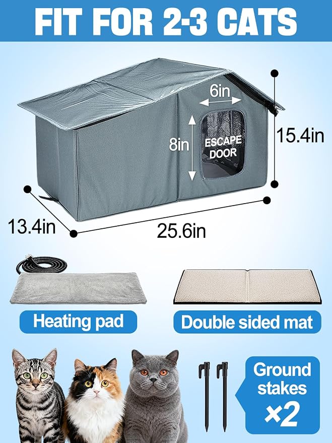 Weatherproof Heated Cat Houses for Outdoor Cats - Insulated Cat Shelter for Winter with Thermostatic Heating Pad and Escape Door, Warm Outside Pet House Gift for 2-3 Feral Cats (Large)