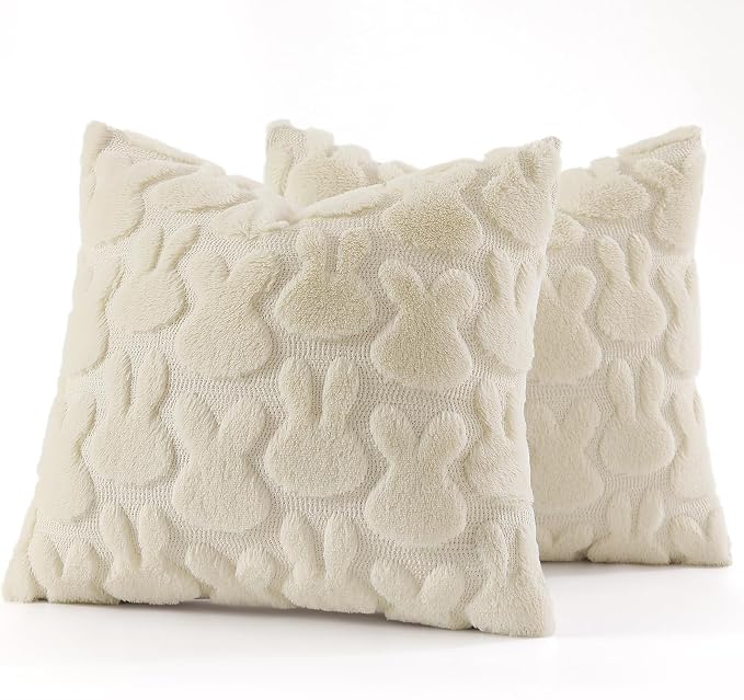decorUhome Beige Faux Fur Bunny Throw Pillow Covers 20X20 Set of 2 | Plush Soft Wool Jacquard Beige Rabbit Cushion Covers, Modern Farmhouse Easter Holiday Decor PillowCases for Sofa Bed