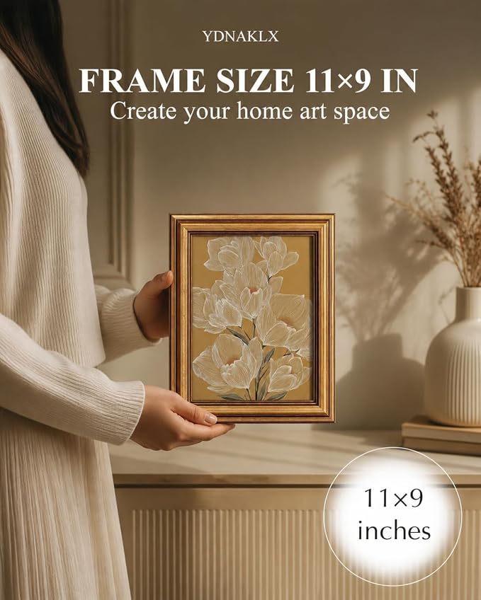 Gold Framed Wall Art, Vintage White Magnolia Flowers Line Canvas Prints, Neutral Japandi Style Floral Picture Wall Decor, Minimalist Botanical Artwork for Living Room Bedroom 9x11 inch