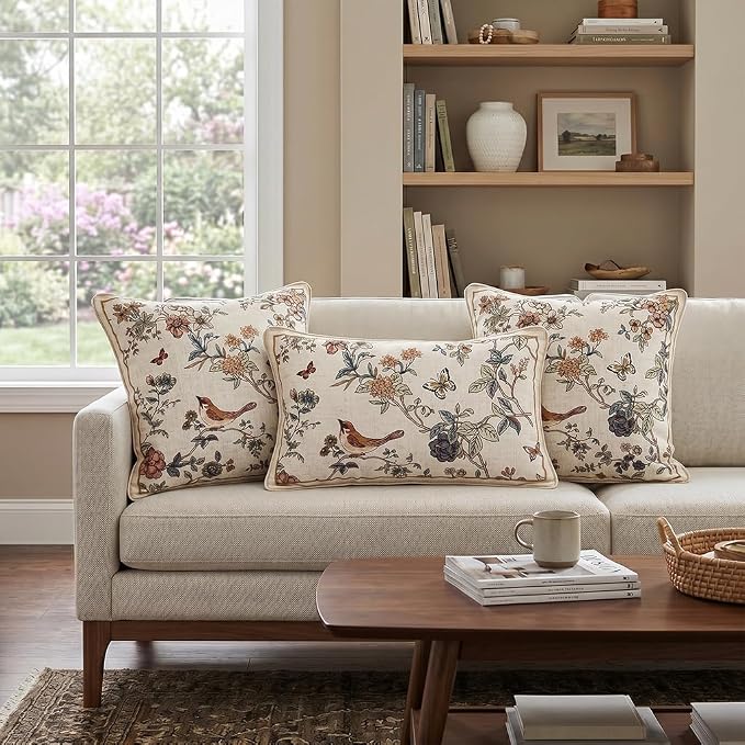 Designer Linen Throw Pillow Cover,Set of 2,20"x12"-Cornucopia A | Elegant French Rectangle Pillow Cover,Concealed Zipper,Floral and Bird Pattern,Sofas,Bedroom,Living Room,Lounge Chairs