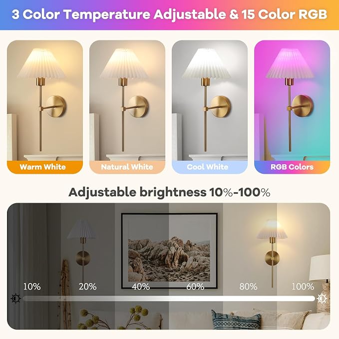Gold Wireless Wall Sconce Sets of 2, Pleated Shades Rechargeable Battery Operated Wall Sconce, Retro Industrial Wall Lights Bathroom Vanity Sconces, Wall Mounted Lamps for Bedroom Living Room Hallway