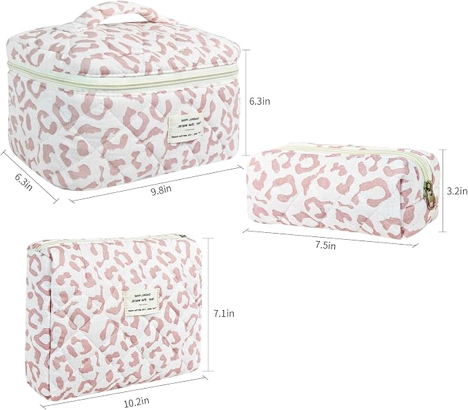 GISMTR 3Pcs Makeup Bag Cotton Quilted Travel Cosmetic Bag Cute Floral Makeup Pouch Large Toiletry Bag for Women Girls