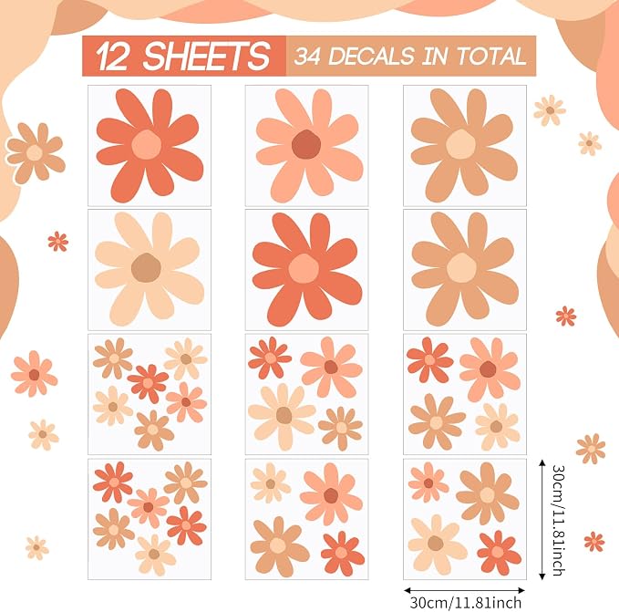 TaoBary 12 Sheet Daisy Wall Sticker Decal,Orange,Colorful Style | Big Flower Wall Sticker, Pink White Floral Decal, Daisy Bedroom Room Decor, Removable Peel and Stick, Nursery Home Wall Decor