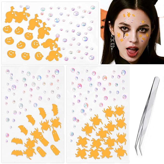 Halloween Orange Face Stickers Gems for Makeup, 3 Sheets Pumpkin Spooky Spider Witch Face Glitter Rhinestone jewels, Self Adhesive Face Eye Nail Body Gems Stick on for Boo Rave Festival Accessories