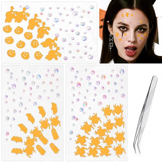 Halloween Orange Face Stickers Gems for Makeup, 3 Sheets Pumpkin Spooky Spider Witch Face Glitter Rhinestone jewels, Self Adhesive Face Eye Nail Body Gems Stick on for Boo Rave Festival Accessories