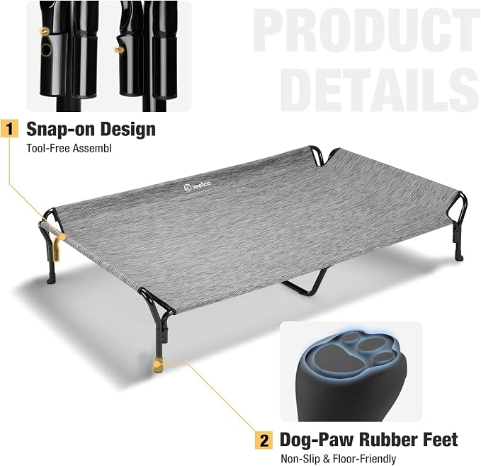 Veehoo Cooling Elevated Dog Bed, Raised Dog Cot with Guardrail & Headrest | Washable Dog Couch Bed for Indoor & Outdoor, Durable Breathable Teslin Mesh, Non-Slip Feet, XX Large, 63" x 37", Black Silver