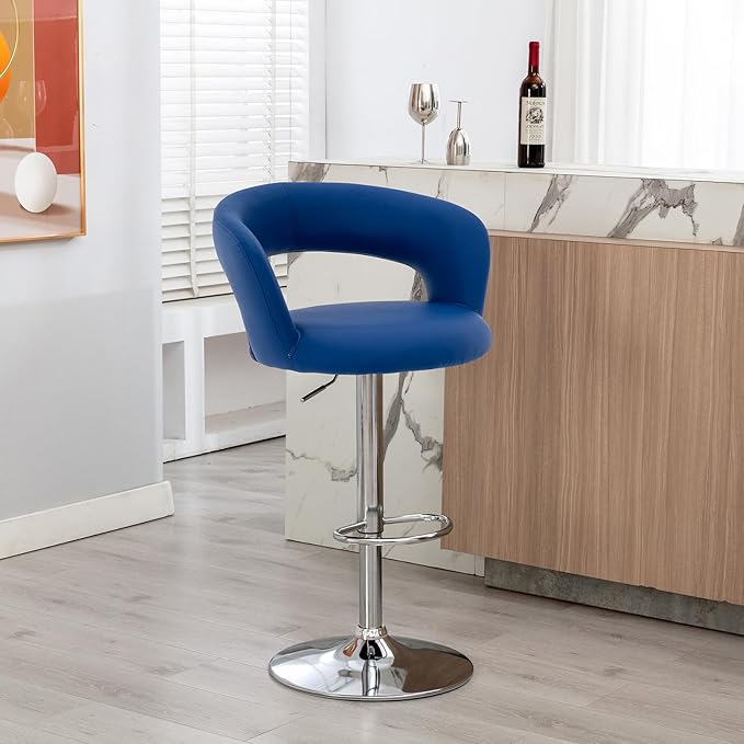 Brage Living Wide Bar Stool, Modern PU Leather Swivel Adjustable Barstool with Hollow Back and Arms, Upholstered Airlift Counter Height Bar Chair for Kitchen Dining (Blue, Chrome Base)