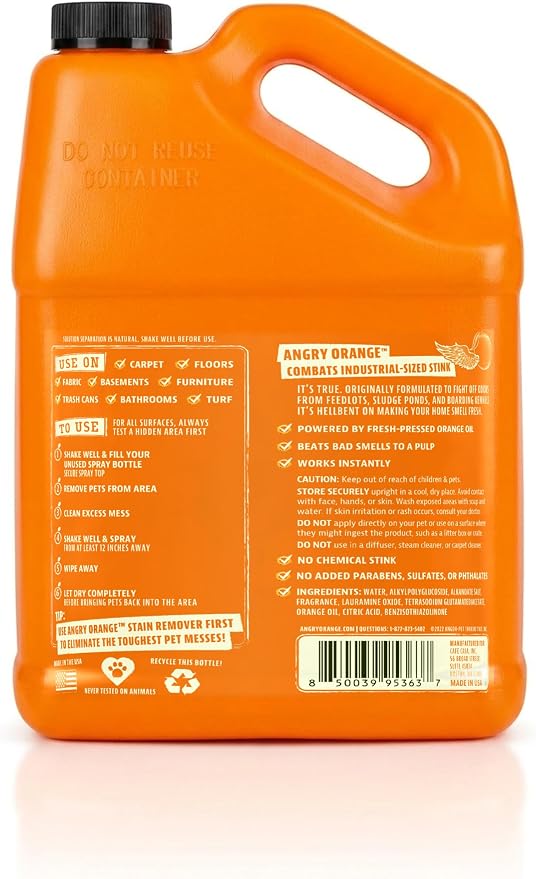 Angry Orange Pet Odor Eliminator for Dog and Cat Urine, Carpet Stains, and Strong Smells – Orange Rush Scent Cleaner – 1 Gallon