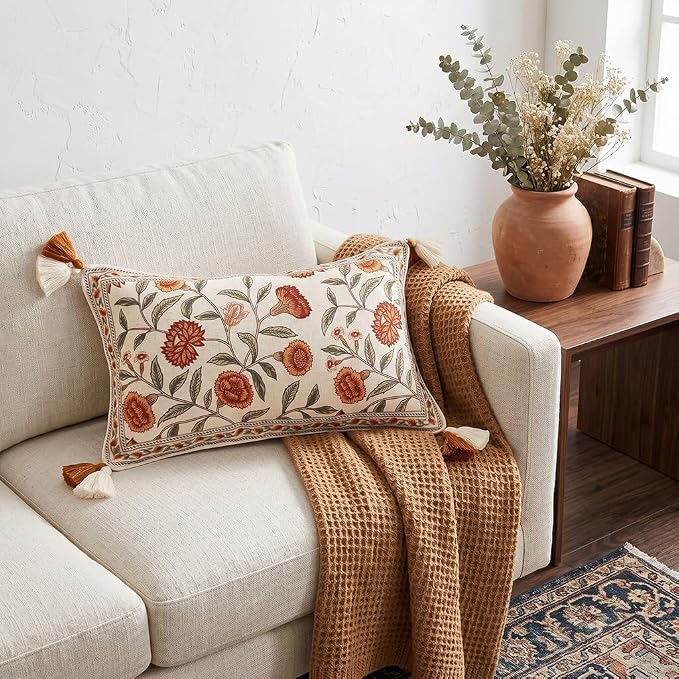 French Linen Rectangle Throw Pillow Cover,Set of 2,20"x12"-Albano A | Designer Vintage Pillow Cover,Concealed Zipper Design,Orange Floral Pattern,Sofa,Bedroom,Living Room,Lounge Chairs