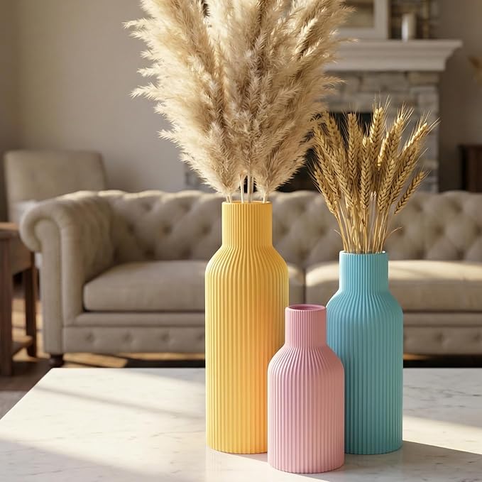 Colorful Ceramic Vases Set of 3, Matte Round Vertical Ribbed,Minimalist for Pampas Dried & Fresh Flowers, Centerpiece for Living Room, Shelf, Entryway, Wedding (Pink, Blue, Yellow)