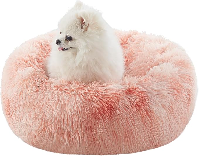 23 in Faux Fur Fluffy Donut Dog Bed for Small Dogs,Tie-dye Pink | Calming Plush Round Puppy Pet Bed with Removable & Washable Cover,Fits up to 25 lbs Pets