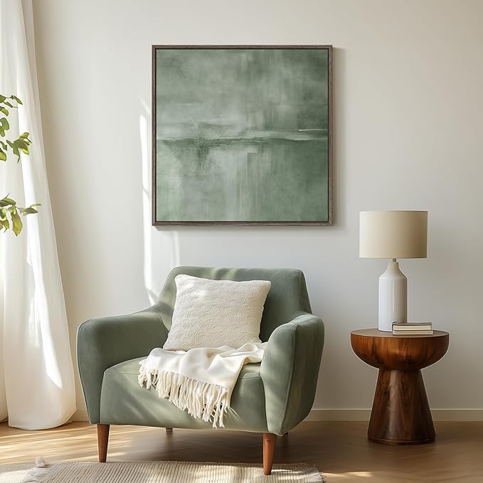 Framed Green Abstract Wall Art, Modern Sage Green Canvas Prints Artwork for Walls, Contemporary Minimalist Square Pictures for Living Room Bedroom Dining Room Hallway Office Wall Decor 30x30 In
