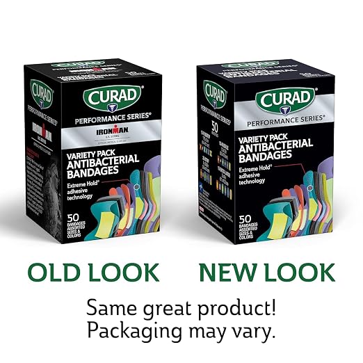 CURAD Performance Series Antibacterial Bandages, Extreme Hold Adhesive Technology, Finger & Knuckle Bandages, Flexible Fabric, Variety Pack with Assorted Sizes & Colors, 50 Count