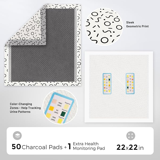 ZOMISIA Charcoal Puppy Pee Pads for Dogs, 22"x22" 50 Counts + 1 Extra Health Monitoring Pad - Disposable Dog Potty Training Pads, Odor-Control, Super Absorbent & Leak-Proof