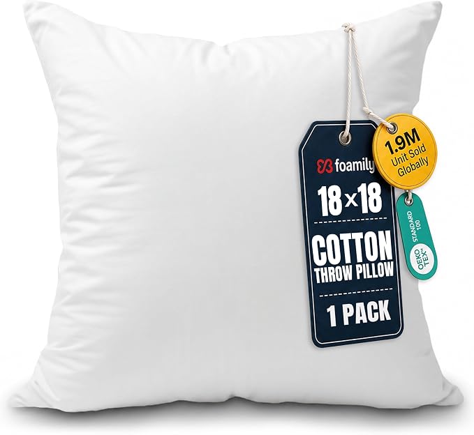 Foamily 18x18 Throw Pillow Insert, 100% Cotton Cover, Down Alternative | Cotton cover, plush down-alternative fill, machine washable Fits 18x18 covers Couch, sofa, bed, nursery décor