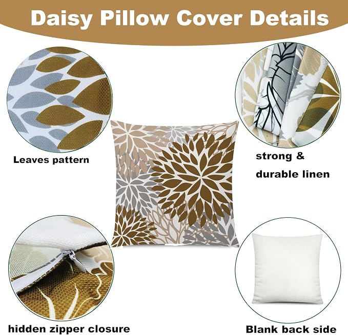 COMMINY Brown Grey Pillow Covers 16x16 Set of 6 Decorative Daisy Flower Throw Pillow Cover for Couch Modern Farmhouse Cushion Cover for Sofa Patio Bed Living Room Home Decor | brown floral, wild flower bloom, decorative cushion cover, Breathable Linen,...