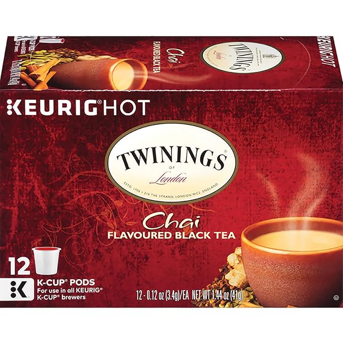 Twinings of London Chai Tea K Cup Pods for Keurig, Caffeinated Sweet and Savory Spice Black Tea Blend, Cinnamon, Cardamom, Cloves, and Ginger, 12 K Cup Tea Pods