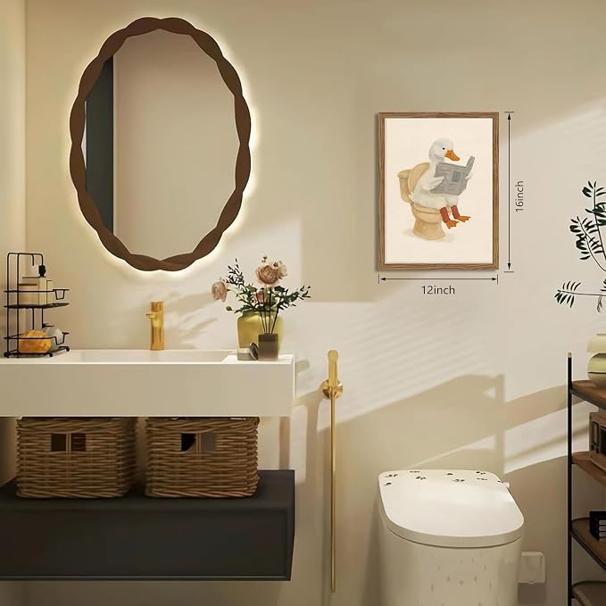 Framed Duck Bathroom Wall Art, Whimsical Duck Reading on Toilet, Funny Kids Bathroom Wall Decor, Vintage Farmhouse Toilet Decor, Cute Animal Canvas Print for kids Room 12x16 inch