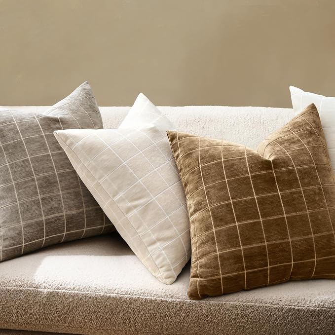 MIULEE Toffee Plaid Decorative Fall Euro Throw Pillow Covers 24x24 Set of 2 | Vintage, Check Chenille Couch Pillows, Boho Farmhouse Cushion Covers, Modern Home Decor for Sofa Bed Living Room