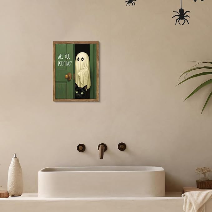 Funny Halloween Bathroom Wall Art, Vintage Cute Ghost Cat Canvas Wall Decor Paintings, Funny Are You Pooping Artwork Poster Print Picture for Bathroom Restroom 12x16 Inch Framed