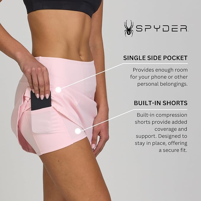 Spyder Skorts for Women - Built-in Shorts, Skirt for Golf Tennis Pickleball | Stretch fabric; true to size; inner shorts liner; lightweight; breathable; ideal for gym, running, yoga, hiking, work outs