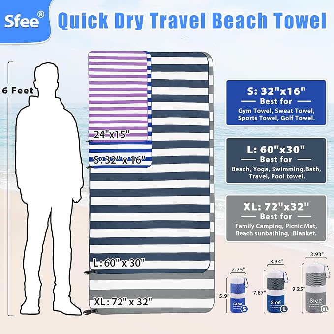 Sfee 2 in 1 Microfiber Beach Towel, Quick Dry Towel Travel Camping Towel Super Absorbent Compact Lightweight Sports Gym Towels Set for Beach, Gym, Hiking, Pool, Backpacking, Bath, Yoga
