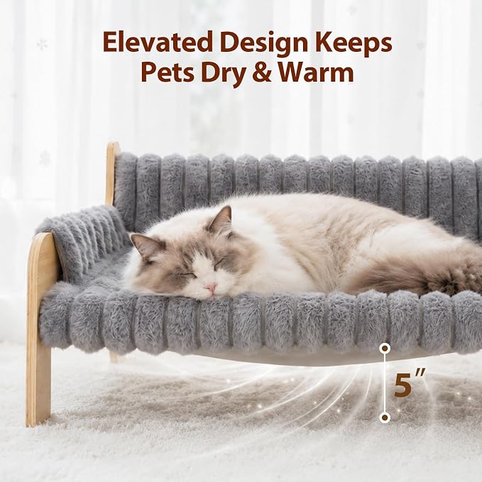 Elevated Cat Couch for Indoor Cats Wooden Cat Sofa for Kitty Puppy | Ultra-Soft Plush Raised Cat Bed,Removable Washable Cat Chair Hammock,Breathable Cat Furniture for Bedside Balcony Living Room