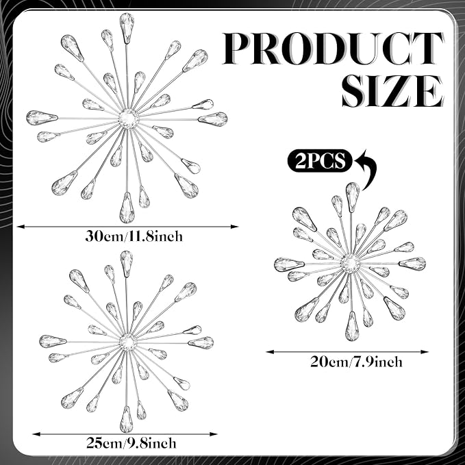 Hicarer 4 Pcs Starburst Wall Decor Bling Wall Art Crystal Teardrop 3D Hanging Rhinestone Radial Metal Artwork Modern Accent Sculptures Decorations for Living Room Home Office Bedroom(Silver)