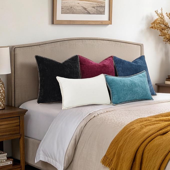 decorUhome Soft Chenille Throw Pillow Covers 22x22 Set of 2 Rhododendron | Fall Textured Decorative Throw Pillow Cases Stitched Edge Modern Farmhouse Luxury Boho Velvet for Couch Sofa Bed Home Decor