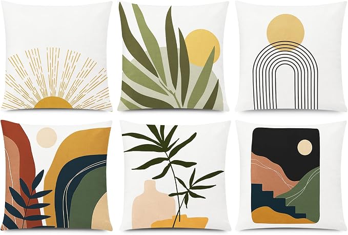 COMMINY Abstract Boho Pillow Covers 18x18 Set of 6,Rustic Sunset Leaves Throw Pillow Cover,Minimalist Modern Pillow Case for Couch Sofa Room Home Decor | Breathable Linen, Botanical Leaf, Sunset Pattern, Standard Pillow Size, Modern Couch Sofa Living R...