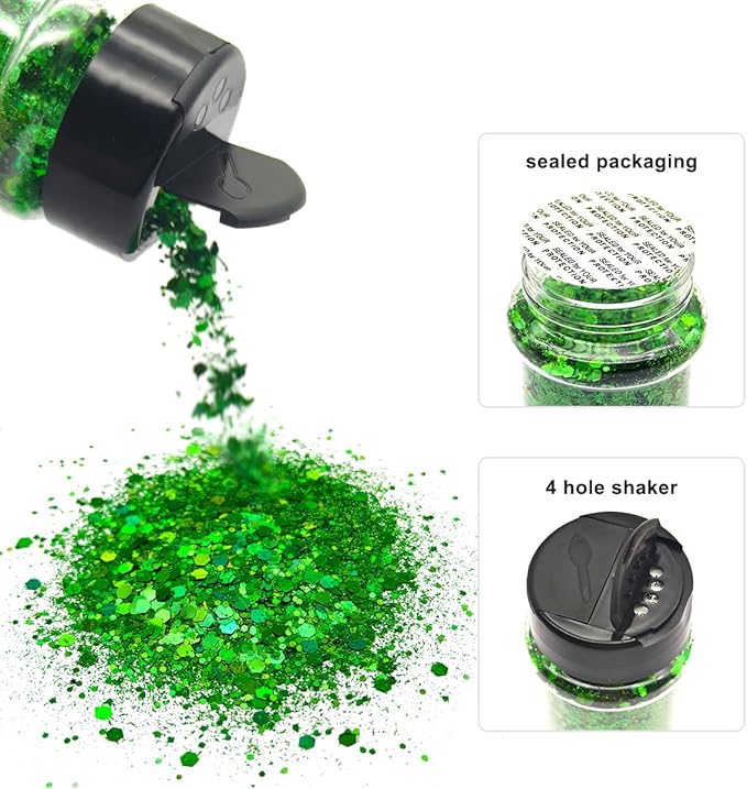 Green - Craft Glitter - 2oz Glitter Shaker Bright Colorful Holographic Mix Chunky Body Glitter Bulk Wholesale 24 Colors in Shaker Cosmetic Glitter - EBLB600