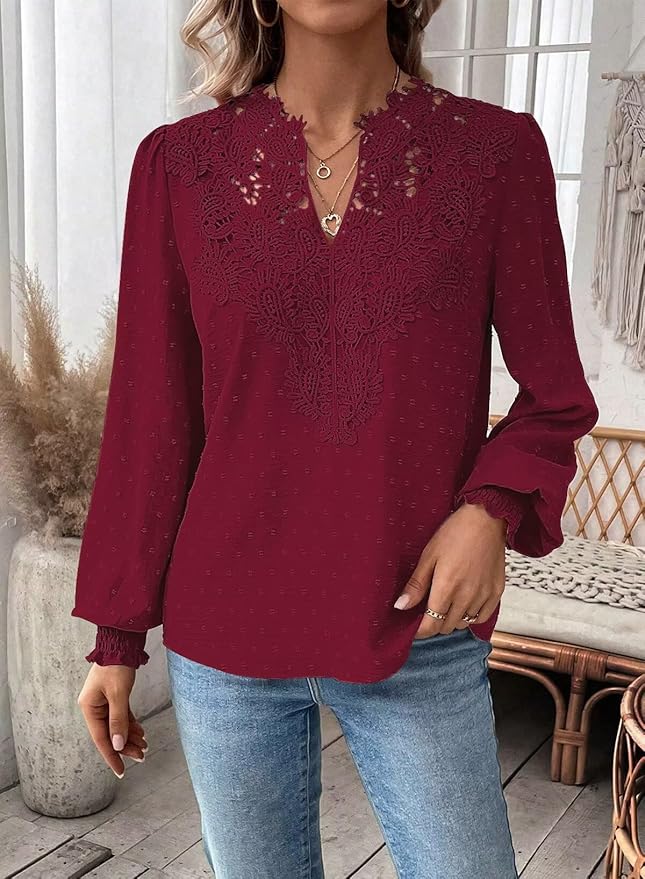 Womens Tops Swiss Dot Boho Long Sleeve Shirts V Neck Casual Chiffon Blouses Flowy Lace Hem Cute Clothing Trendy 2026