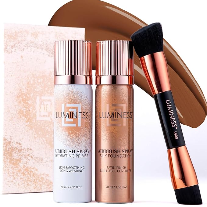 LUMINESS Complete Makeup Kit - Includes Face Palette, Airbrush Foundation, Primer and Brush - Silky, Long-Wearing, Easy to Blend, Perfect Makeup for Older Women, 4-PC Make Up Set (13 - Deep)