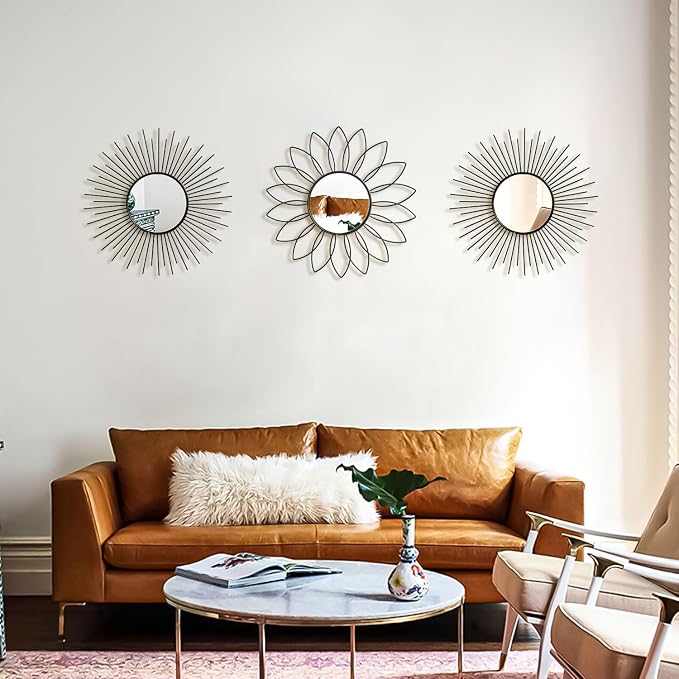 3 Pack Metal Mirrors for Wall Sunburst Wall Mirrors Home Décor Decorative Hanging Wall Art for Living Room Bedroom Entryway (Black2, Flower+Sunburst)