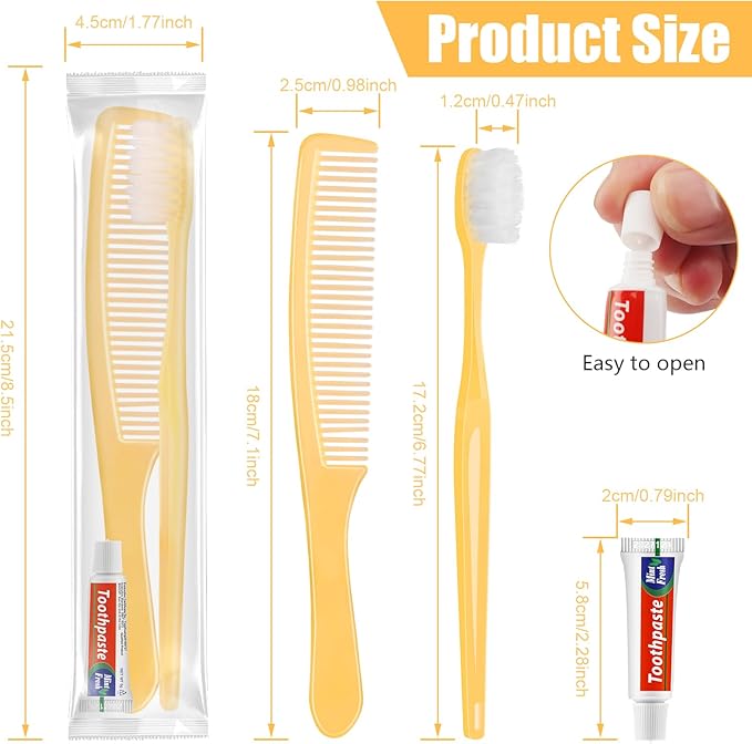 NICEMOVIC 360 Pack Disposable Toothbrushes Bulk with Toothpaste and Comb Travel Size Toothpaste Set Homeless Care Package Supplies for Bulk Individually Wrapped Disposable Travel Hotel Charity, Yellow