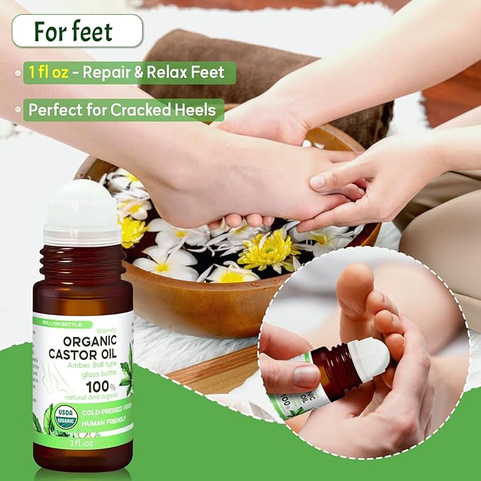 6-in-1 Castor Oil Roll on for Eye,Face,Hand,Feet,Body Skin,Certified Organic Cold Pressed Castor Oil Roller ball unrefined Glass Bottle - Total 5.58 fl.oz