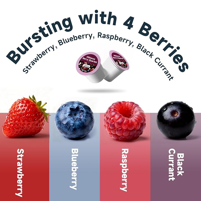 Chaism Hibiscus Berry Quartet - Herbal Tea Pods 4 Berries Blend, Caffeine Free, 24 K Cups