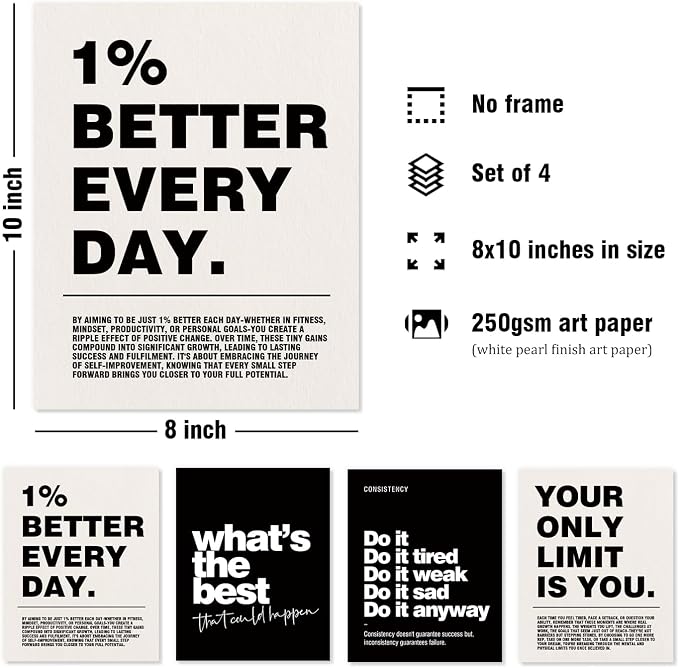 DSHFG Motivational Inspirational Office Wall Art Decor Prints Set of 4 | Black Office Motivational Wall Decor Trendy Retro Positive Affirmations Quotes Wall Decor Posters, 8x10 Unframed